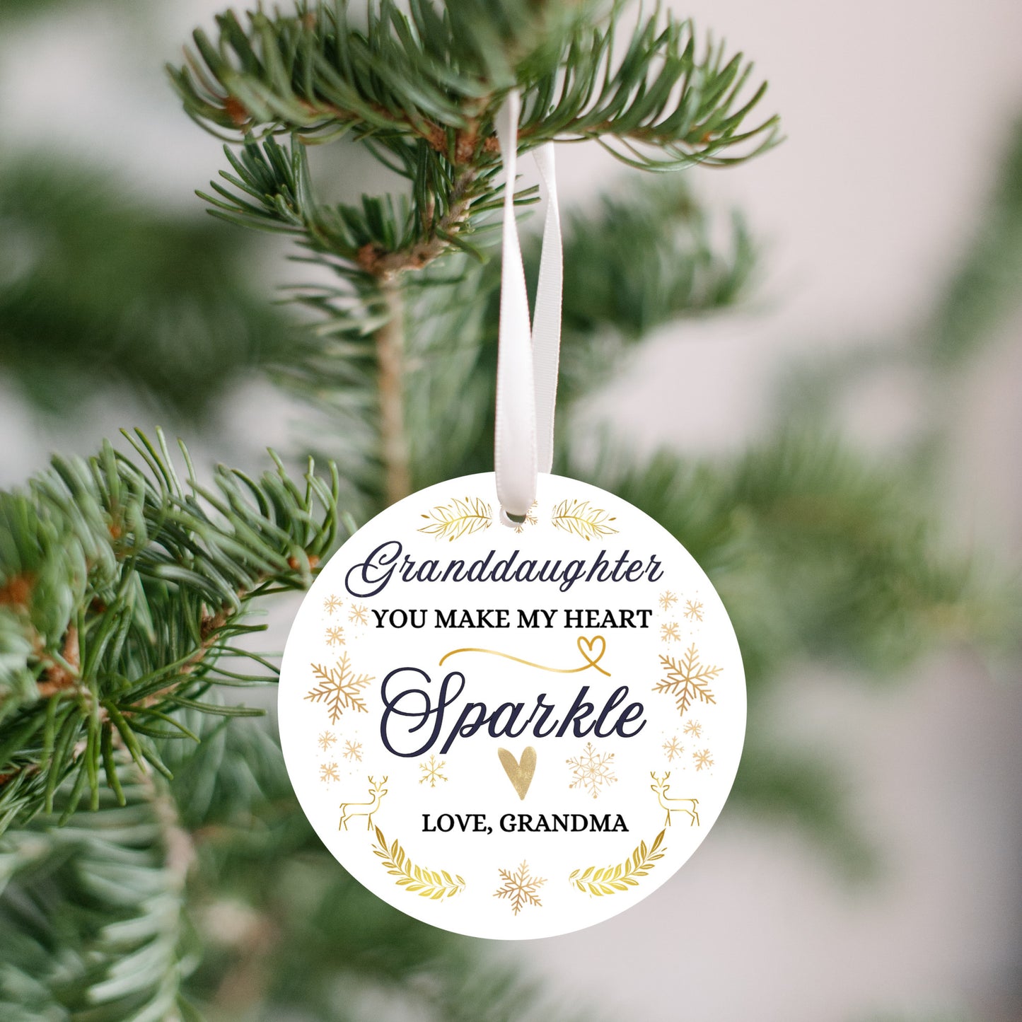 Granddaughter Christmas Ornament, From Grandma, You make my heart sparkle, Elegant script with delicate snowflakes and sparkles. Brings warmth and joy. Family Keepsake