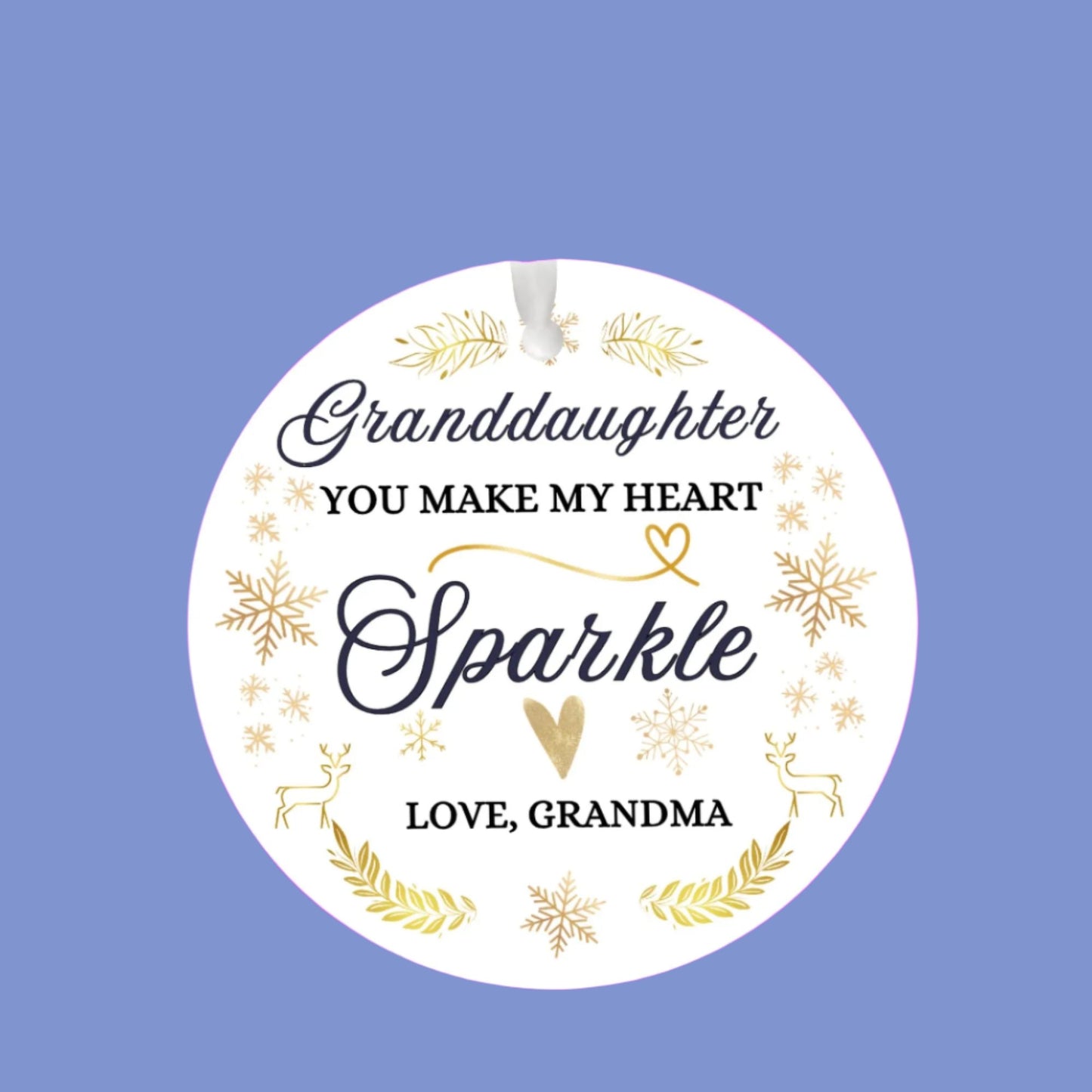 Granddaughter Christmas Ornament, From Grandma, You make my heart sparkle, Elegant script with delicate snowflakes and sparkles. Brings warmth and joy. Family Keepsake