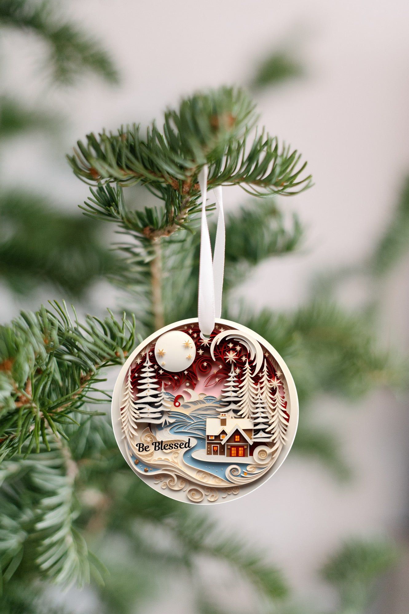 3D Christmas Ornament, Beautiful Cabin Scene, Be Blessed, Ivory trees, For someone to "Be Blessed", Family Keepsake