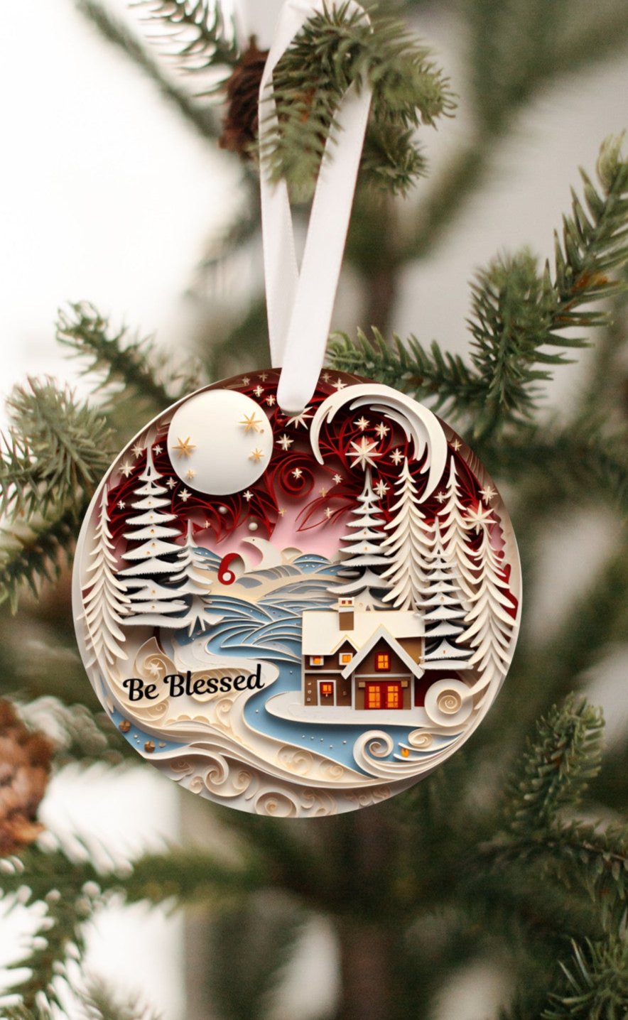 3D Christmas Ornament, Beautiful Cabin Scene, Be Blessed, Ivory trees, For someone to "Be Blessed", Family Keepsake