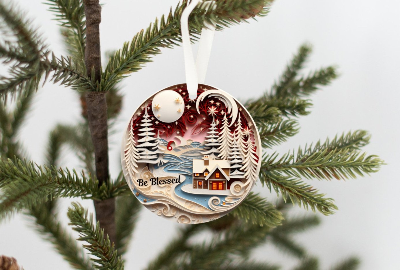 3D Christmas Ornament, Beautiful Cabin Scene, Be Blessed, Ivory trees, For someone to "Be Blessed", Family Keepsake