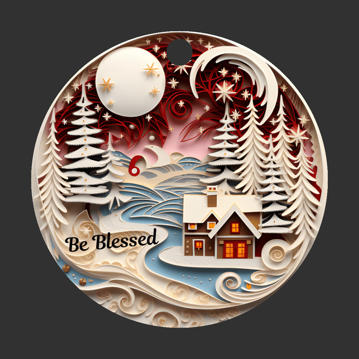 3D Christmas Ornament, Beautiful Cabin Scene, Be Blessed, Ivory trees, For someone to "Be Blessed", Family Keepsake