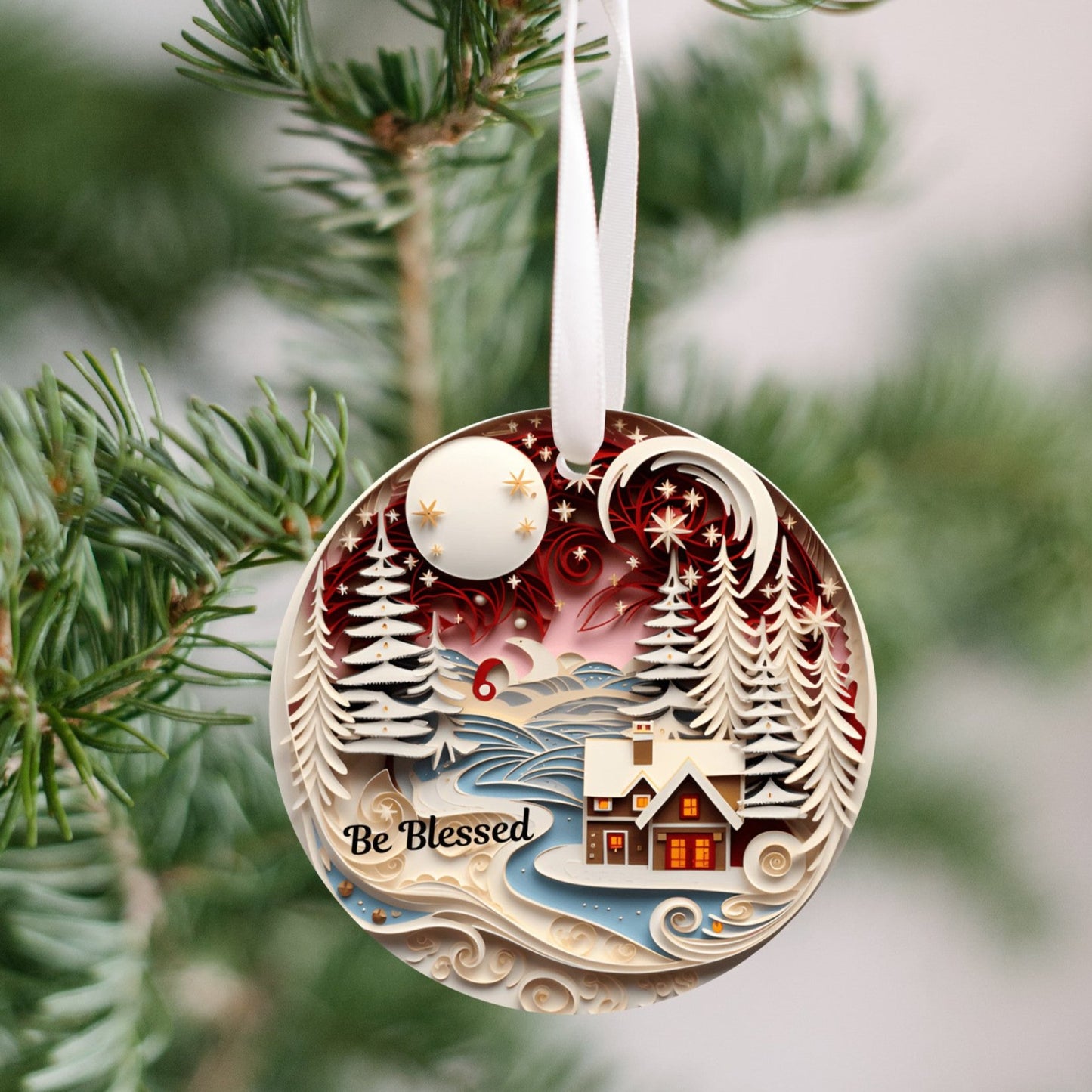 3D Christmas Ornament, Beautiful Cabin Scene, Be Blessed, Ivory trees, For someone to "Be Blessed", Family Keepsake