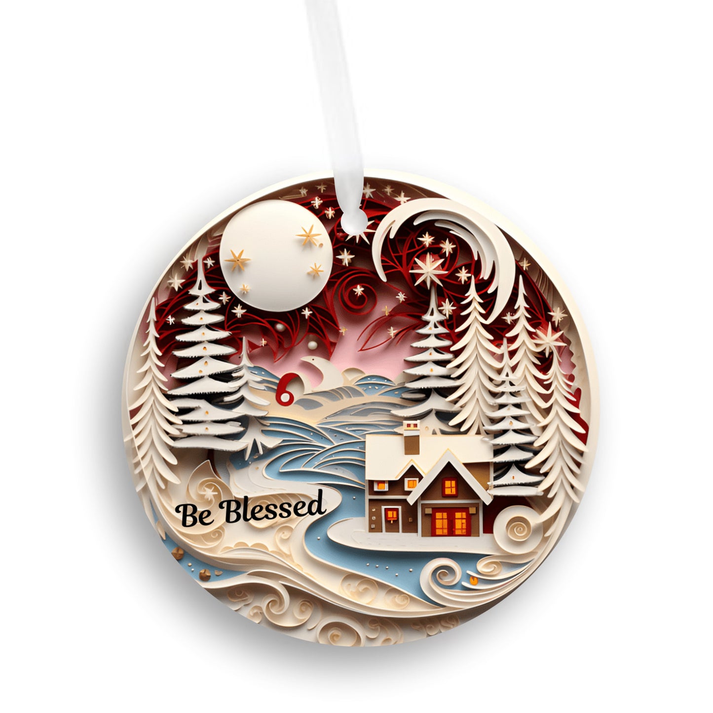 3D Christmas Ornament, Beautiful Cabin Scene, Be Blessed, Ivory trees, For someone to "Be Blessed", Family Keepsake