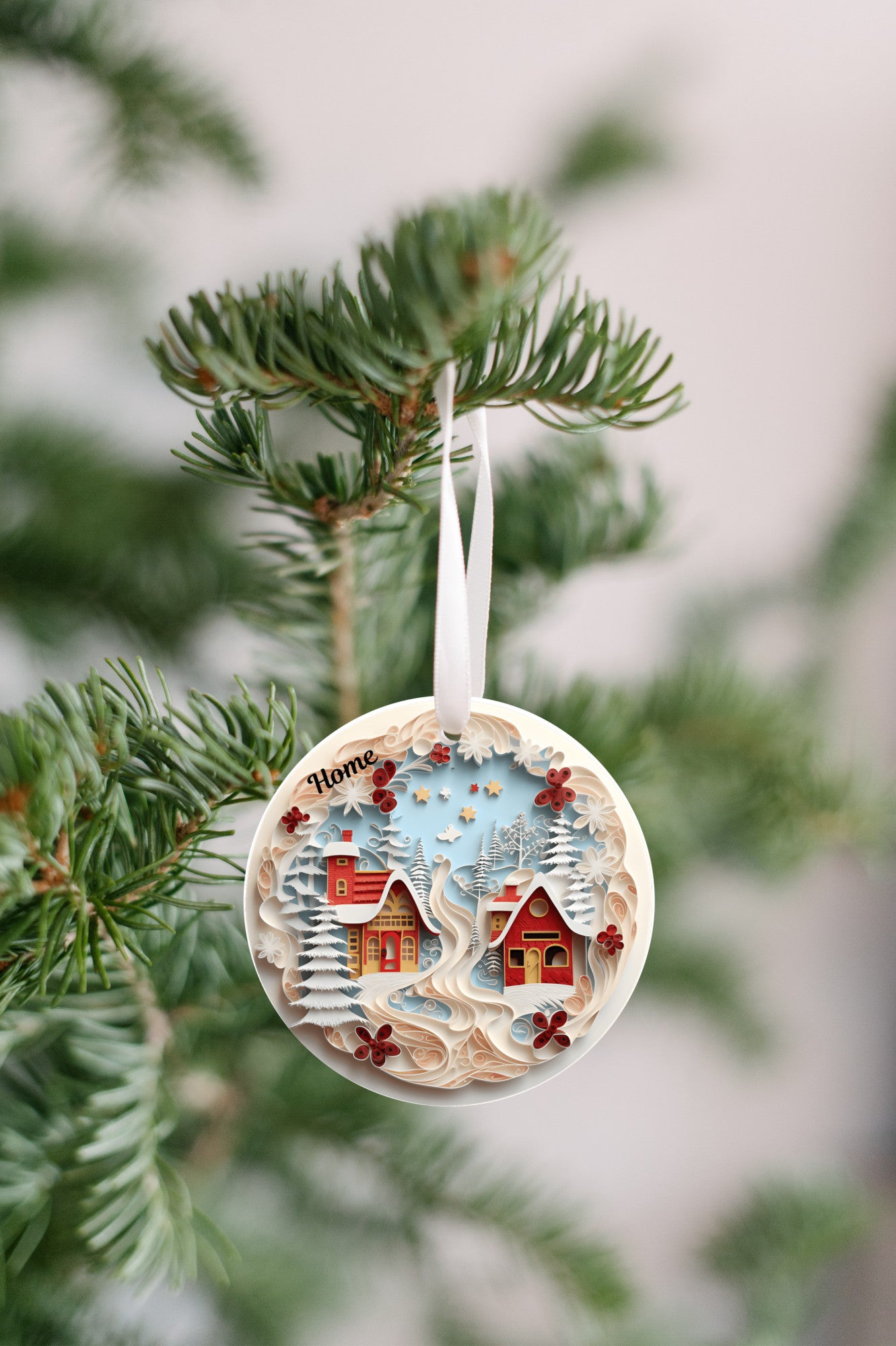 3D Christmas Ornament, 2 Beautiful Cottages by the ivory colored water and trees. Home to those who dream,  Family Keepsake