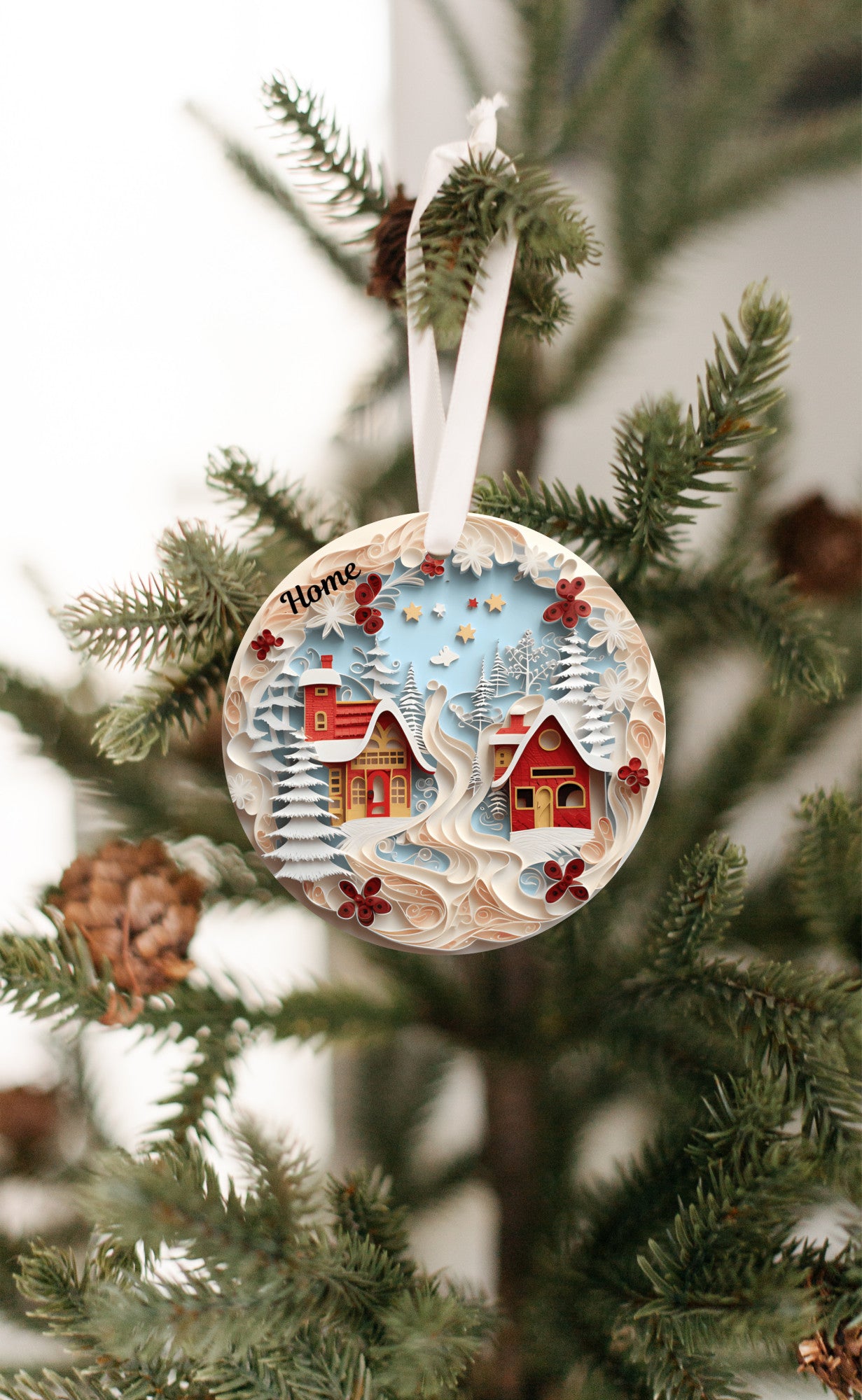 3D Christmas Ornament, 2 Beautiful Cottages by the ivory colored water and trees. Home to those who dream,  Family Keepsake