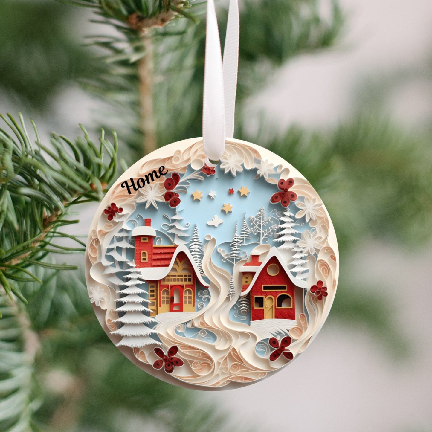 3D Christmas Ornament, 2 Beautiful Cottages by the ivory colored water and trees. Home to those who dream,  Family Keepsake