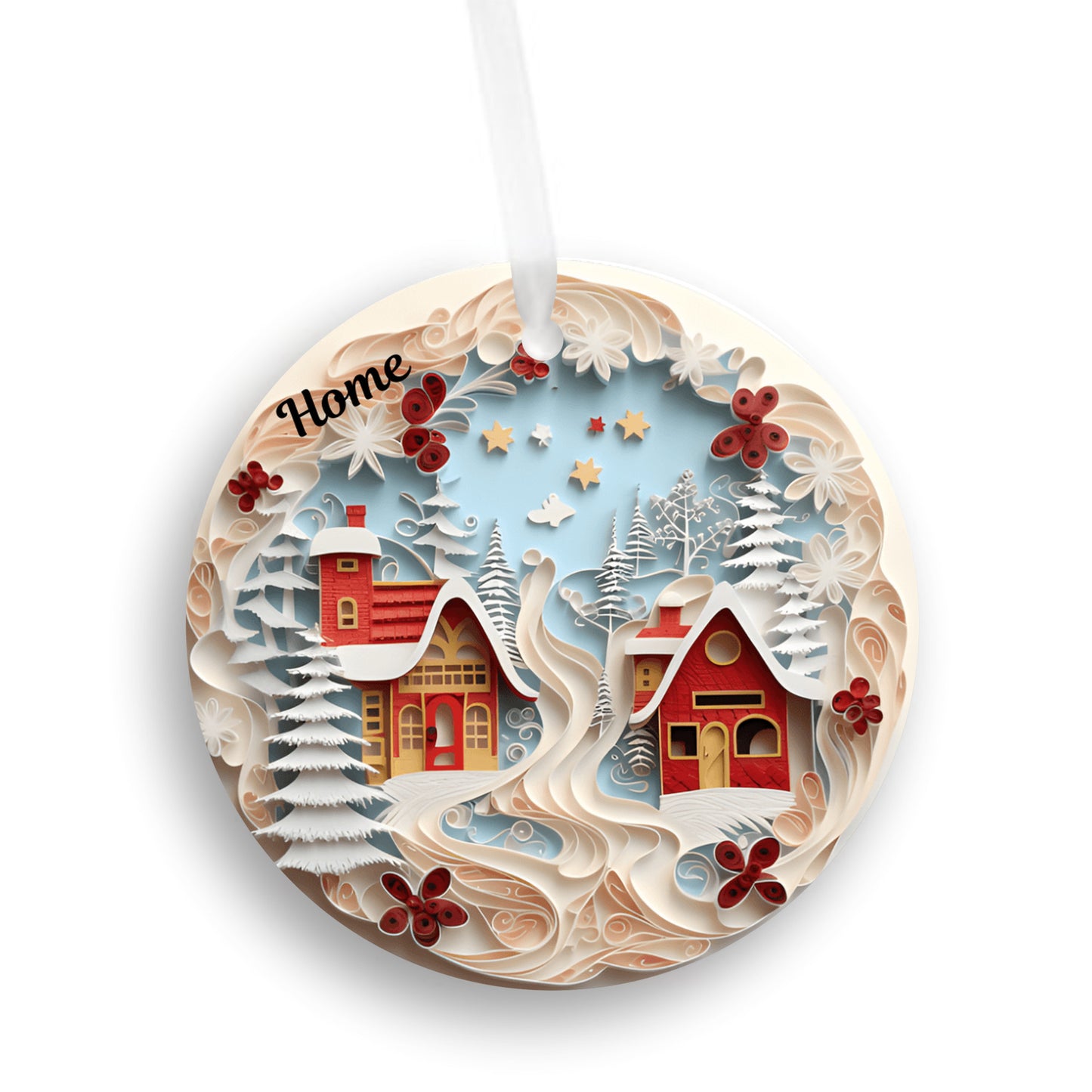 3D Christmas Ornament, 2 Beautiful Cottages by the ivory colored water and trees. Home to those who dream,  Family Keepsake
