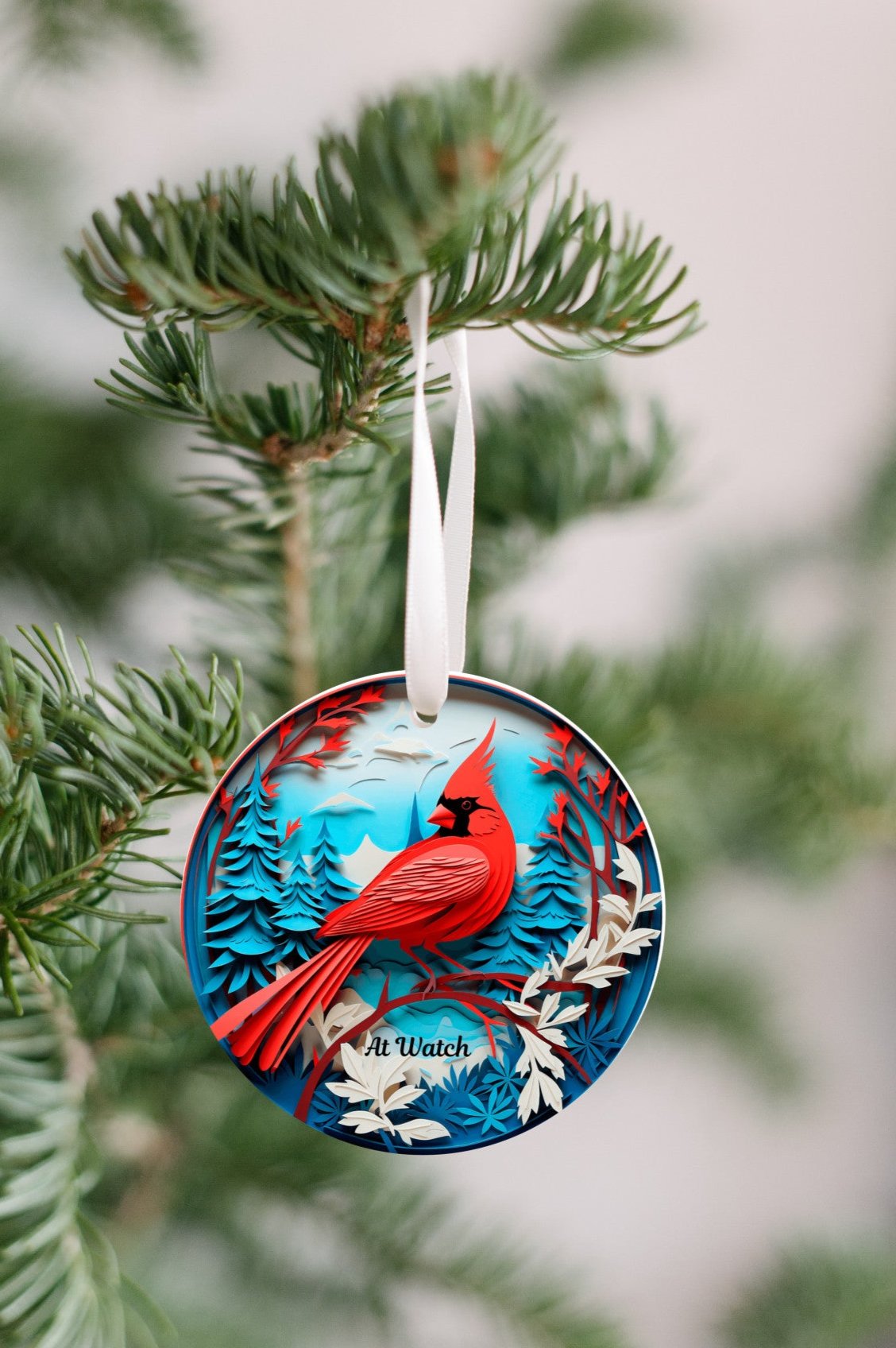 3D Red Cardinal Christmas Ornament, Deep Blue, Ivory and Red Colors, The Cardinal is a Guardian at watch, Loved ones watching