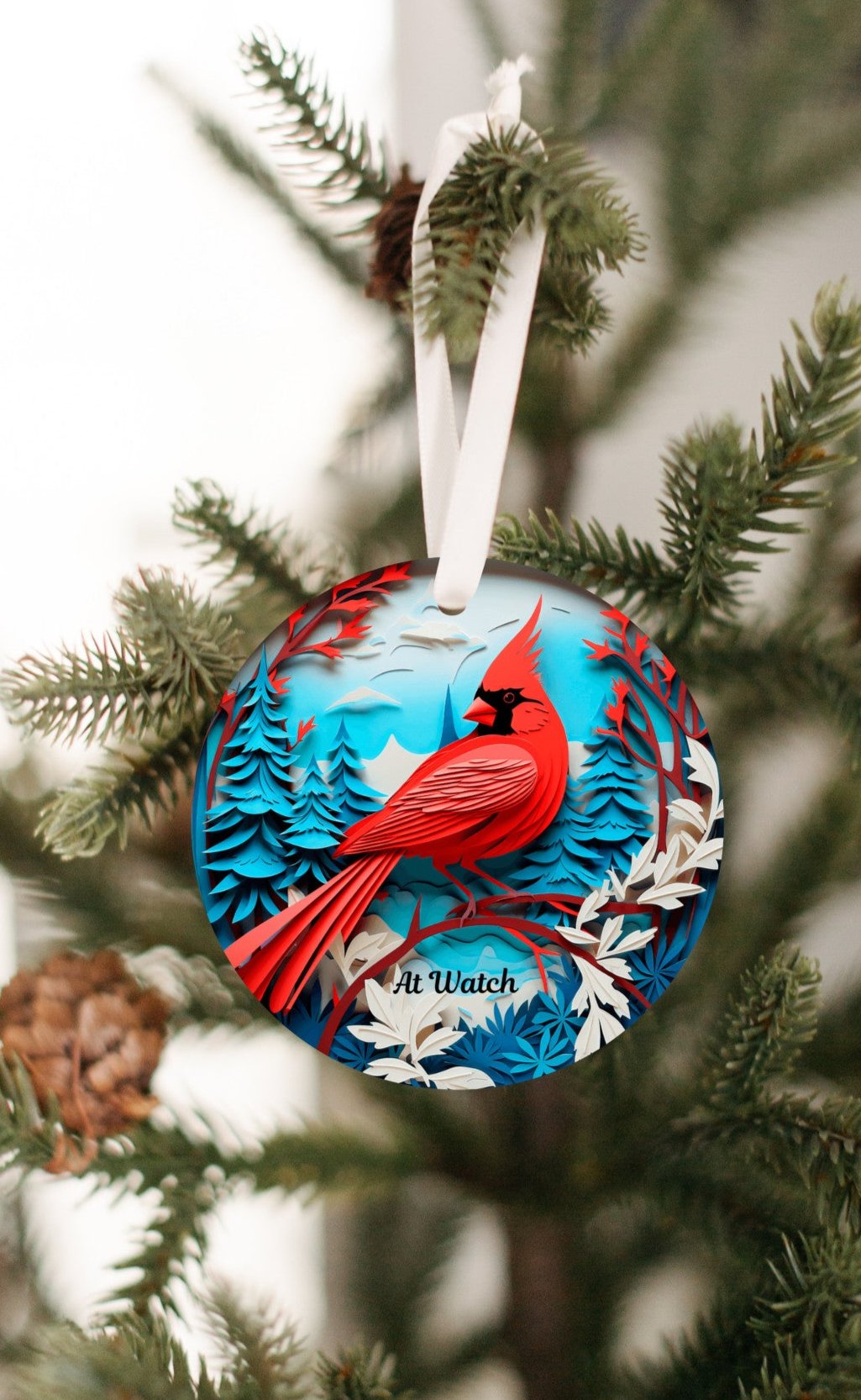 3D Red Cardinal Christmas Ornament, Deep Blue, Ivory and Red Colors, The Cardinal is a Guardian at watch, Loved ones watching