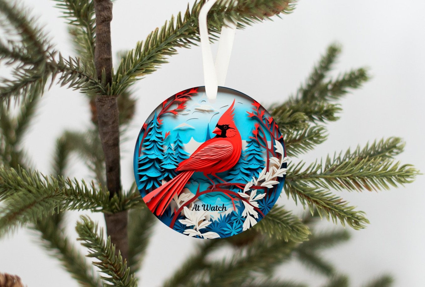 3D Red Cardinal Christmas Ornament, Deep Blue, Ivory and Red Colors, The Cardinal is a Guardian at watch, Loved ones watching