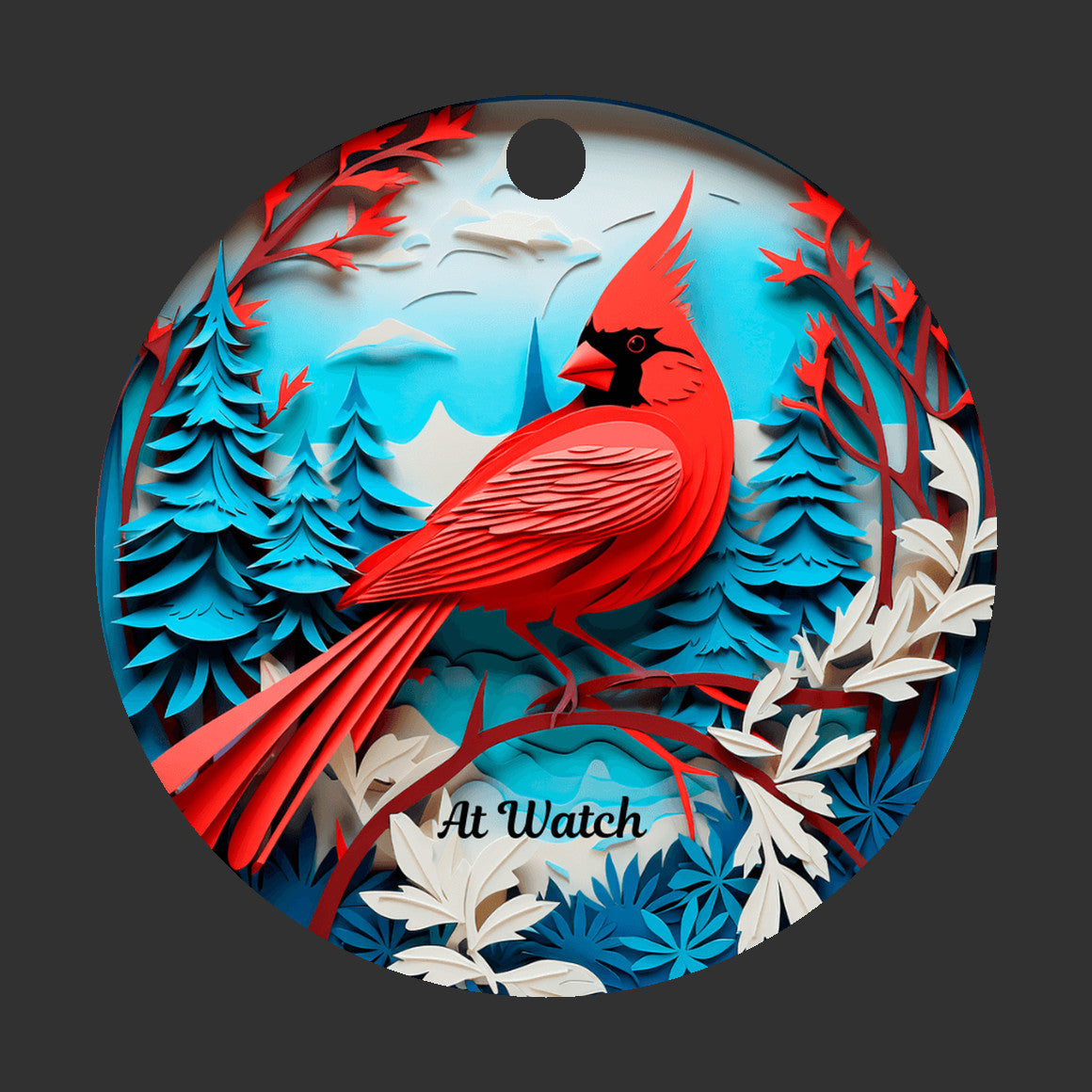 3D Red Cardinal Christmas Ornament, Deep Blue, Ivory and Red Colors, The Cardinal is a Guardian at watch, Loved ones watching