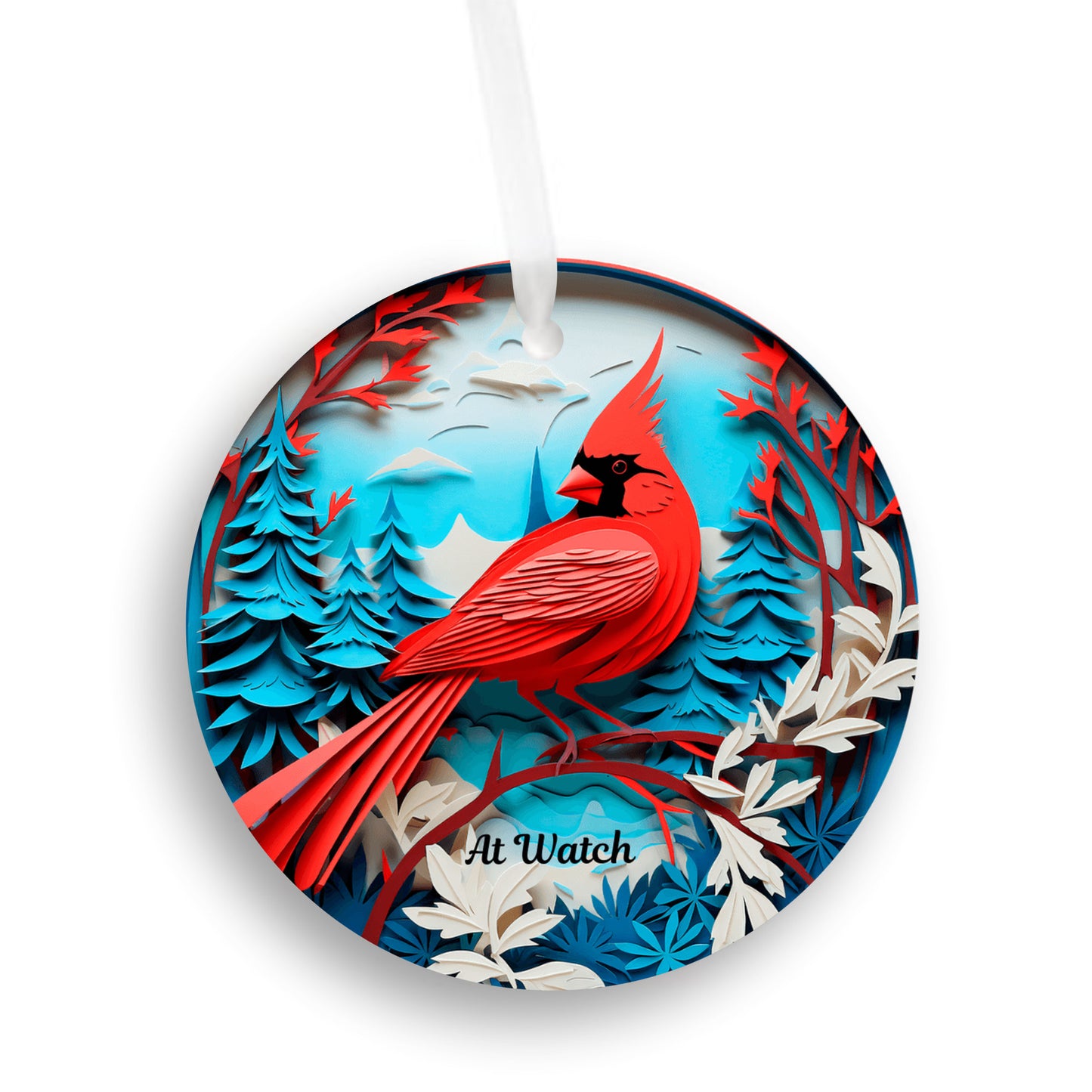 3D Red Cardinal Christmas Ornament, Deep Blue, Ivory and Red Colors, The Cardinal is a Guardian at watch, Loved ones watching