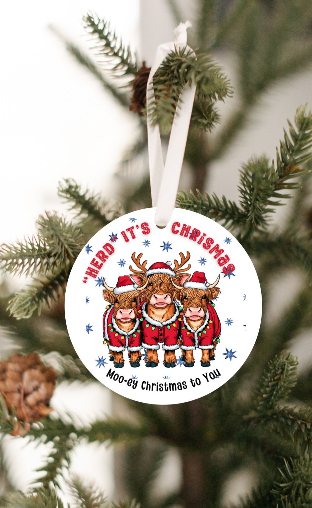 Highland mini cow Christmas Ornament, "Herd it was Christmas, Festive Holiday Decor, Highlander Cow lovers, Christmas with your family herd,