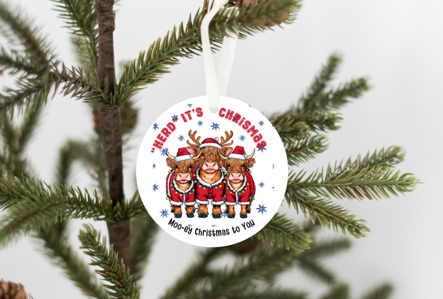 Highland mini cow Christmas Ornament, "Herd it was Christmas, Festive Holiday Decor, Highlander Cow lovers, Christmas with your family herd,