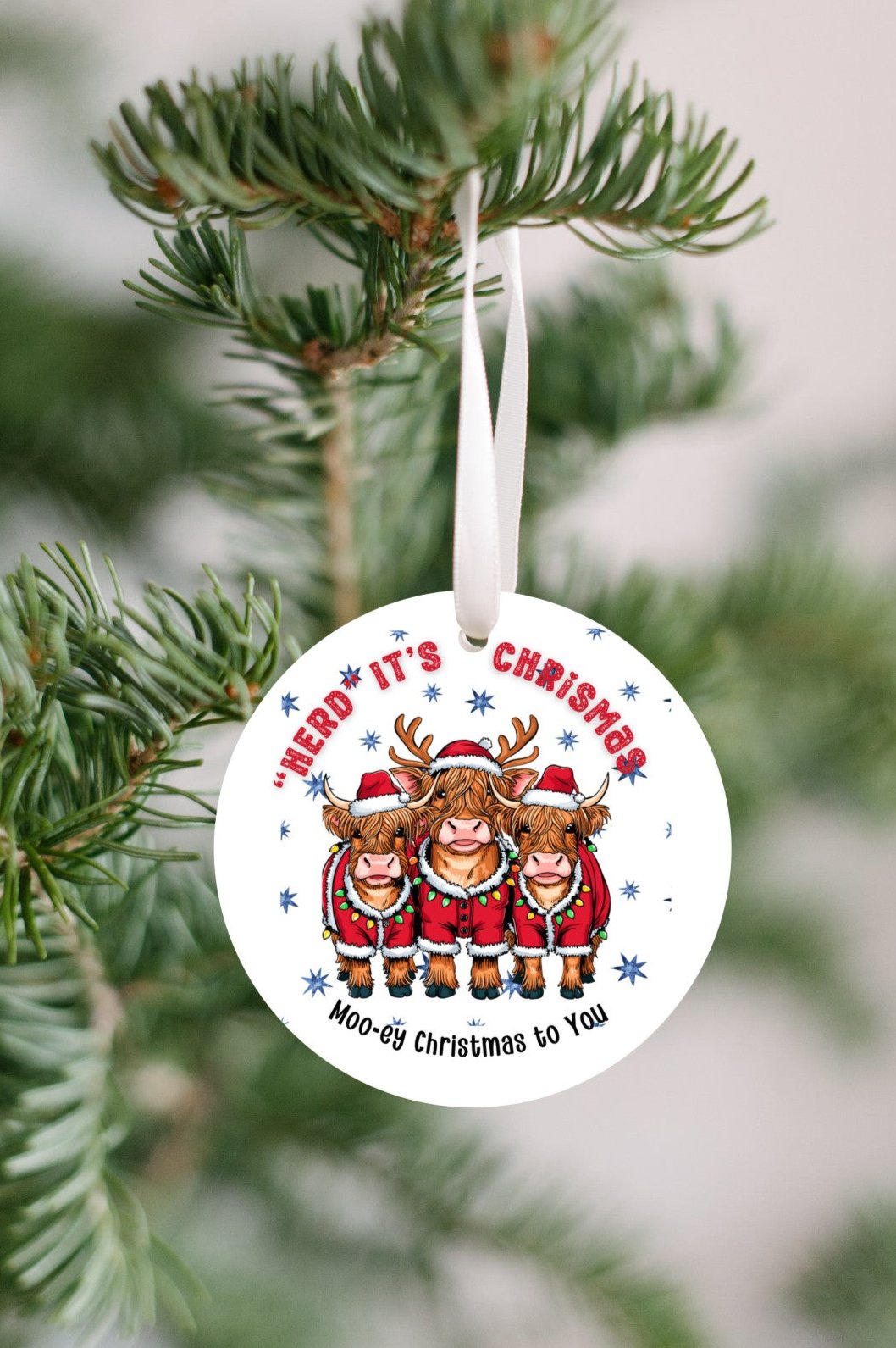 Highland mini cow Christmas Ornament, "Herd it was Christmas, Festive Holiday Decor, Highlander Cow lovers, Christmas with your family herd,