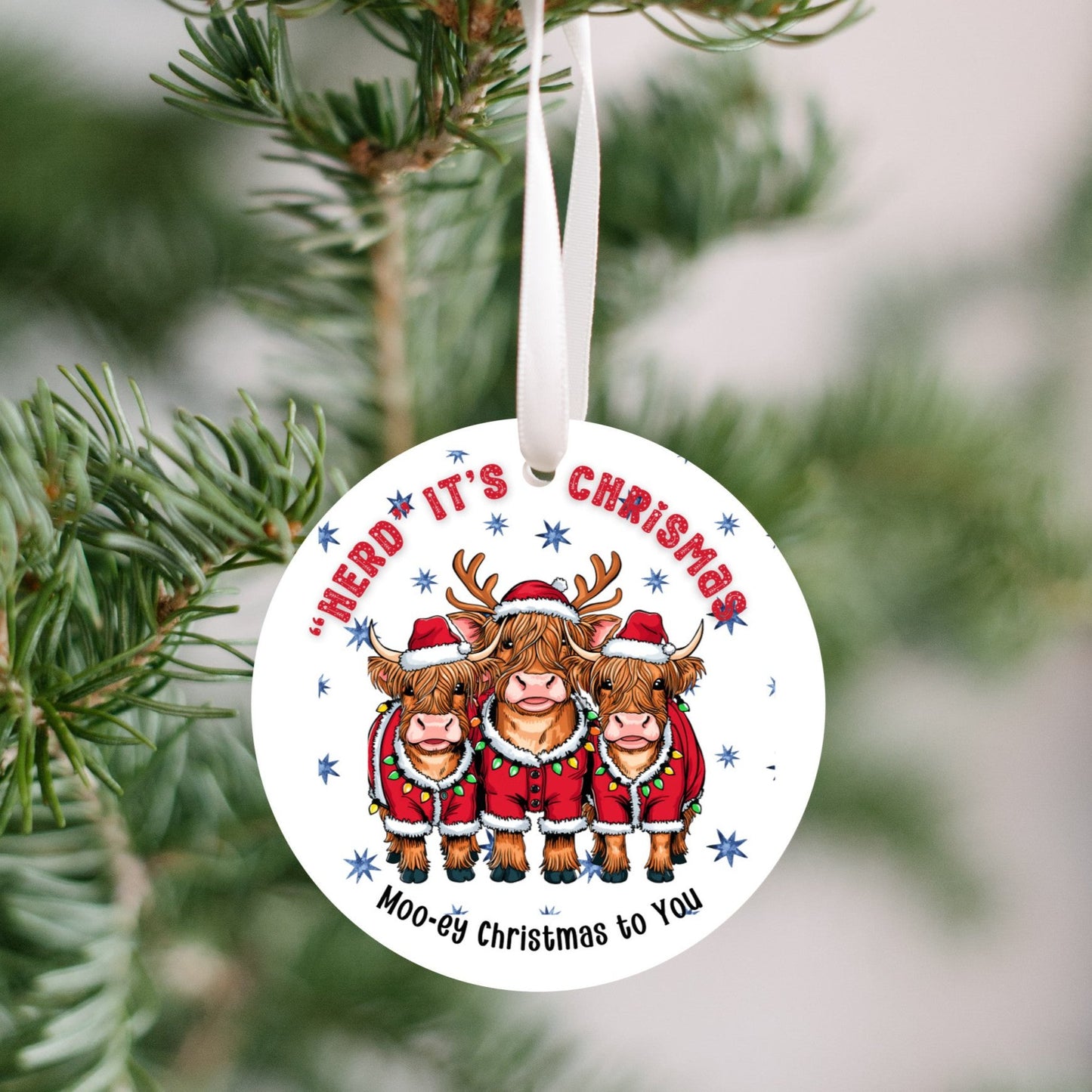 Highland mini cow Christmas Ornament, "Herd it was Christmas, Festive Holiday Decor, Highlander Cow lovers, Christmas with your family herd,