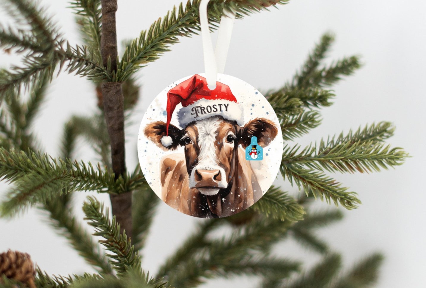 Personalized Christmas Cow Ornament with her matching, Frosty Ear Tag and Santa Hat, Gift for cow lovers, Country Christmas