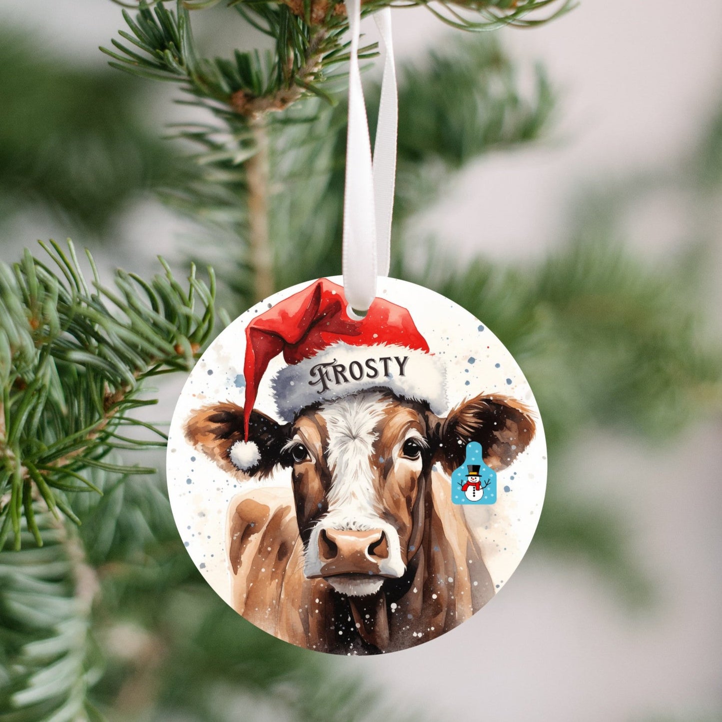 Personalized Christmas Cow Ornament with her matching, Frosty Ear Tag and Santa Hat, Gift for cow lovers, Country Christmas