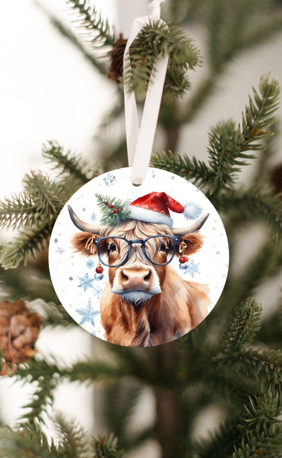 Miss Christmas Cow Ornament With Glasses and a Red Santa Hat, Darling Christmas Tree bulbs for earrings, fun conversation piece