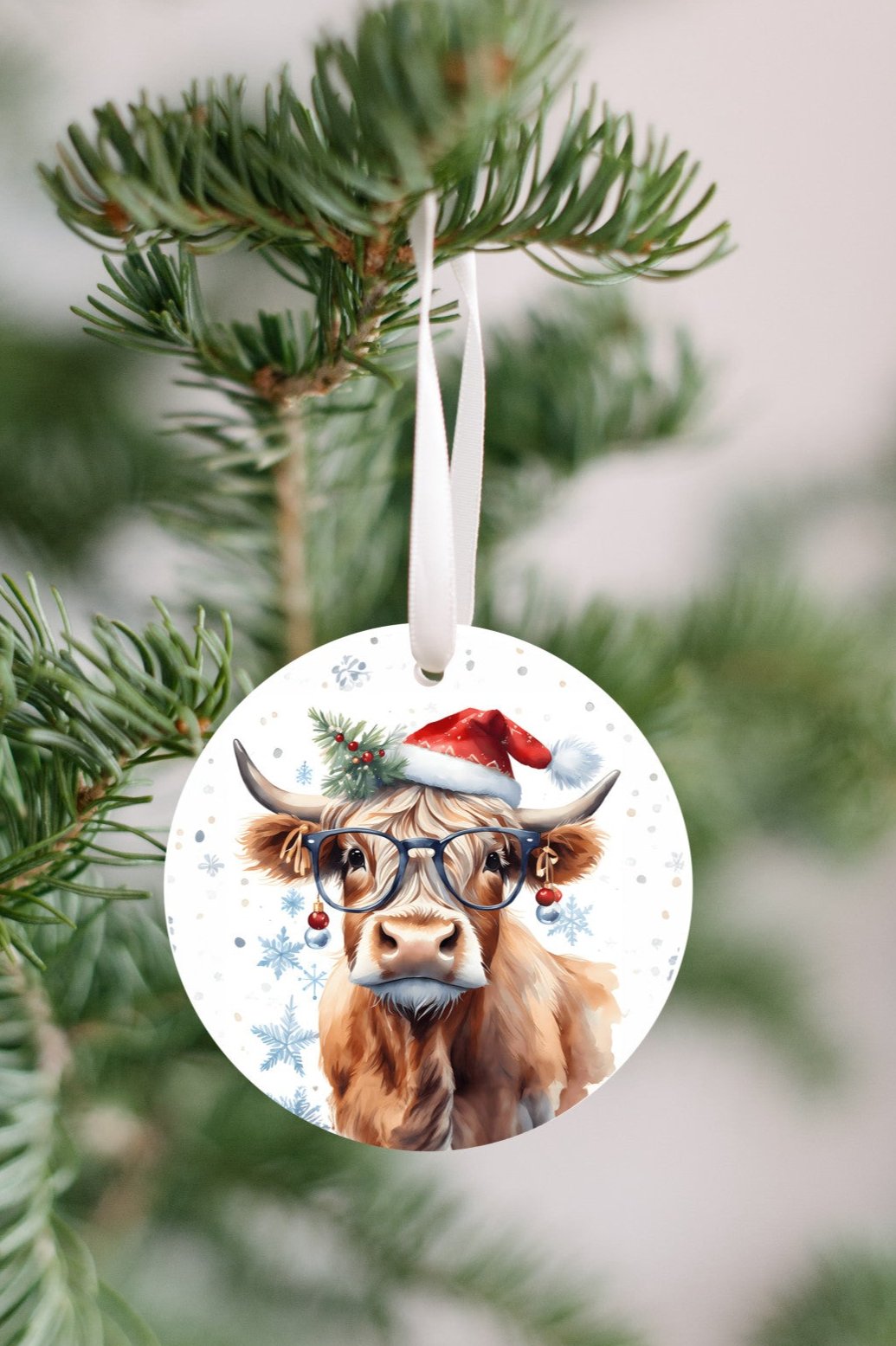 Miss Christmas Cow Ornament With Glasses and a Red Santa Hat, Darling Christmas Tree bulbs for earrings, fun conversation piece