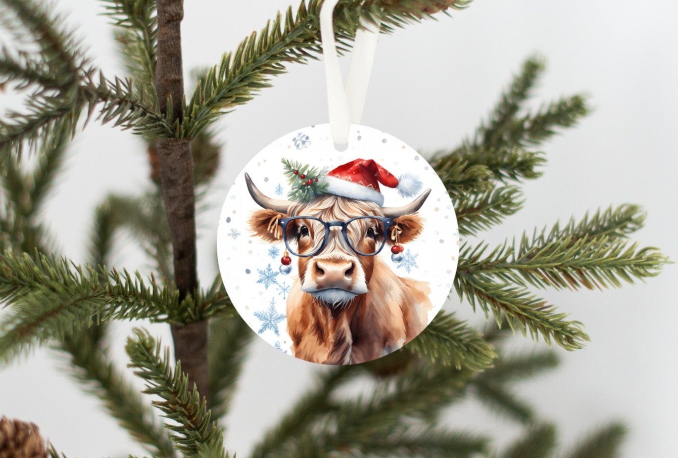 Miss Christmas Cow Ornament With Glasses and a Red Santa Hat, Darling Christmas Tree bulbs for earrings, fun conversation piece