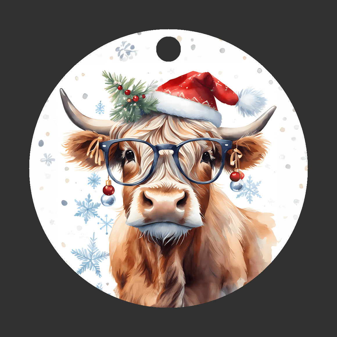 Miss Christmas Cow Ornament With Glasses and a Red Santa Hat, Darling Christmas Tree bulbs for earrings, fun conversation piece