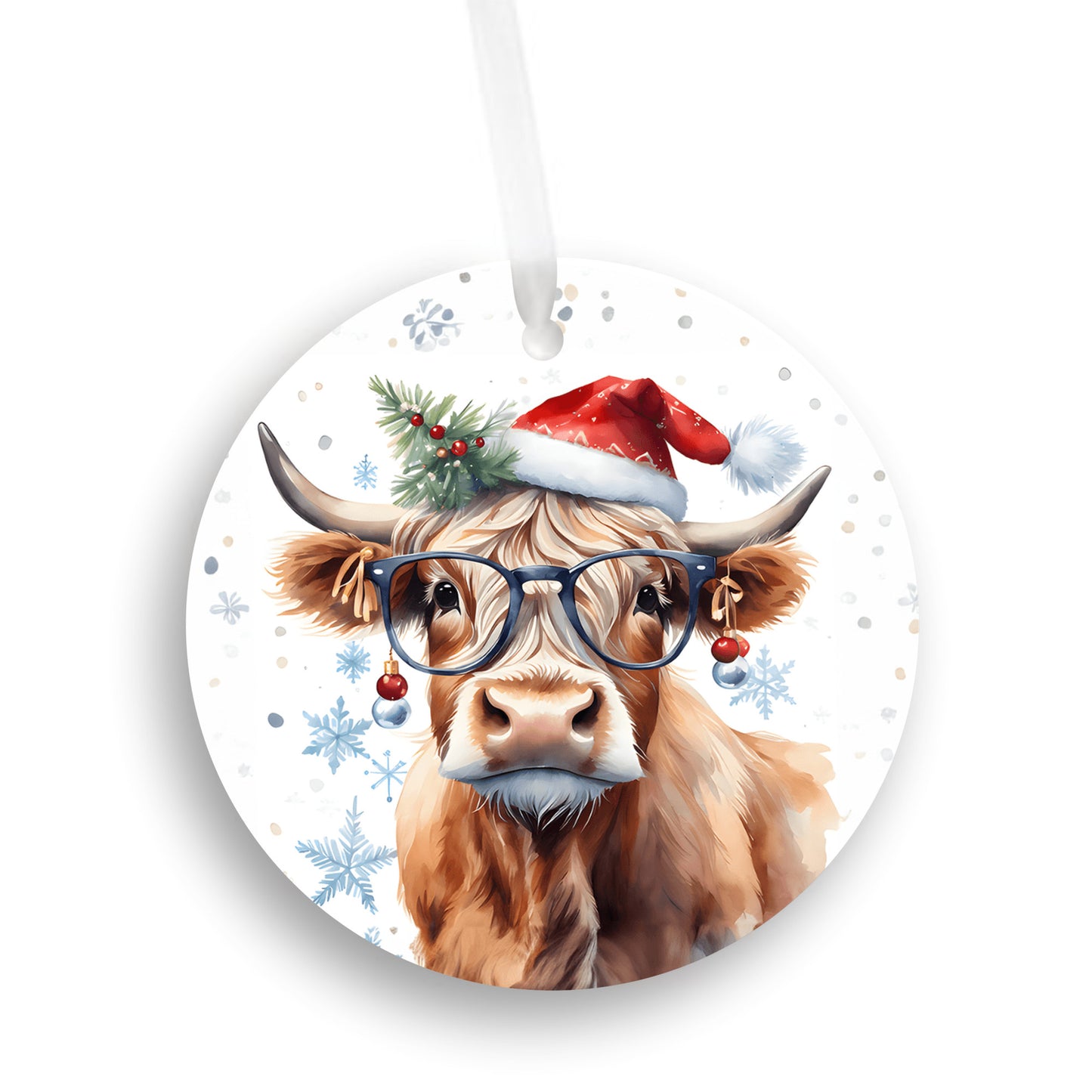 Miss Christmas Cow Ornament With Glasses and a Red Santa Hat, Darling Christmas Tree bulbs for earrings, fun conversation piece