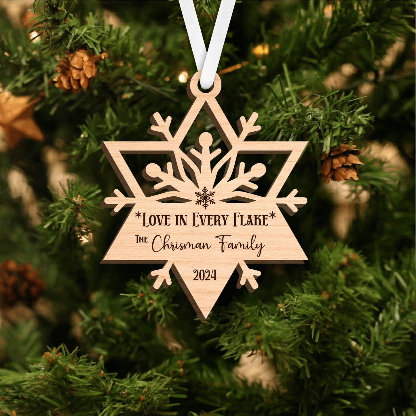 Personalized Wood Ornament, Family Name on Wood Snowflake, Laser cut , Beautiful crafted snowflake, Family name and year, Timeless Holiday Keepsake, "Love in every flake"