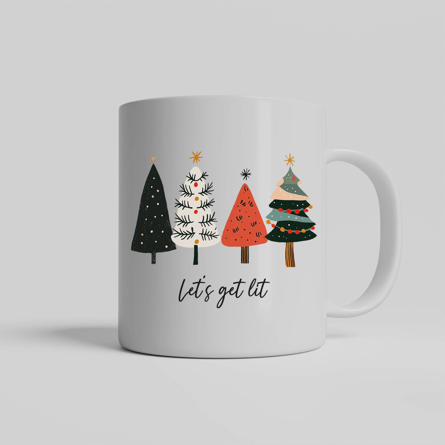 "Let's Get Lit" Christmas Mug β Festive and Fun Christmas Mug, Simple Christmas tree design, no frills, "Let's get Lit" perfect gift for family friends co-workers neighbors, add to your christmas decor
