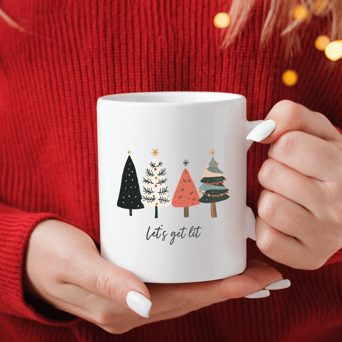 "Let's Get Lit" Christmas Mug β Festive and Fun Christmas Mug, Simple Christmas tree design, no frills, "Let's get Lit" perfect gift for family friends co-workers neighbors, add to your christmas decor