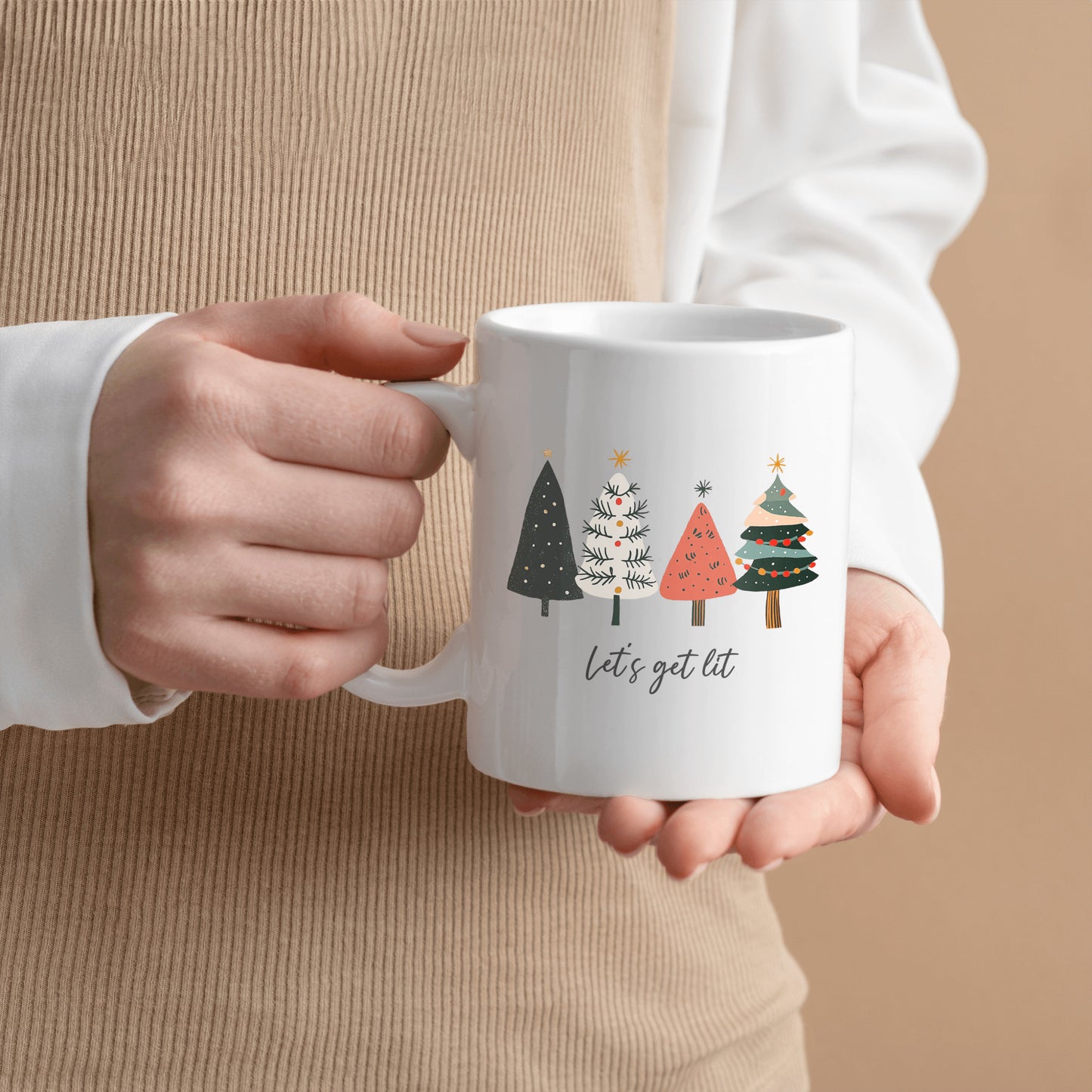 "Let's Get Lit" Christmas Mug β Festive and Fun Christmas Mug, Simple Christmas tree design, no frills, "Let's get Lit" perfect gift for family friends co-workers neighbors, add to your christmas decor
