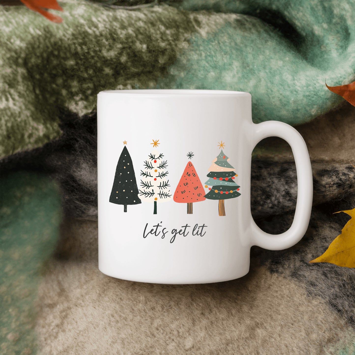 "Let's Get Lit" Christmas Mug β Festive and Fun Christmas Mug, Simple Christmas tree design, no frills, "Let's get Lit" perfect gift for family friends co-workers neighbors, add to your christmas decor