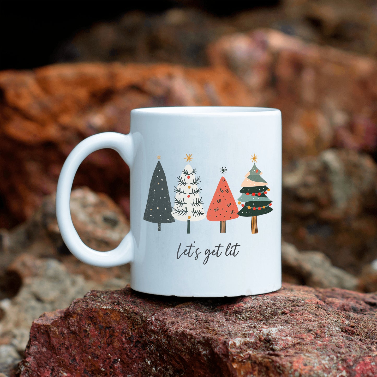"Let's Get Lit" Christmas Mug β Festive and Fun Christmas Mug, Simple Christmas tree design, no frills, "Let's get Lit" perfect gift for family friends co-workers neighbors, add to your christmas decor