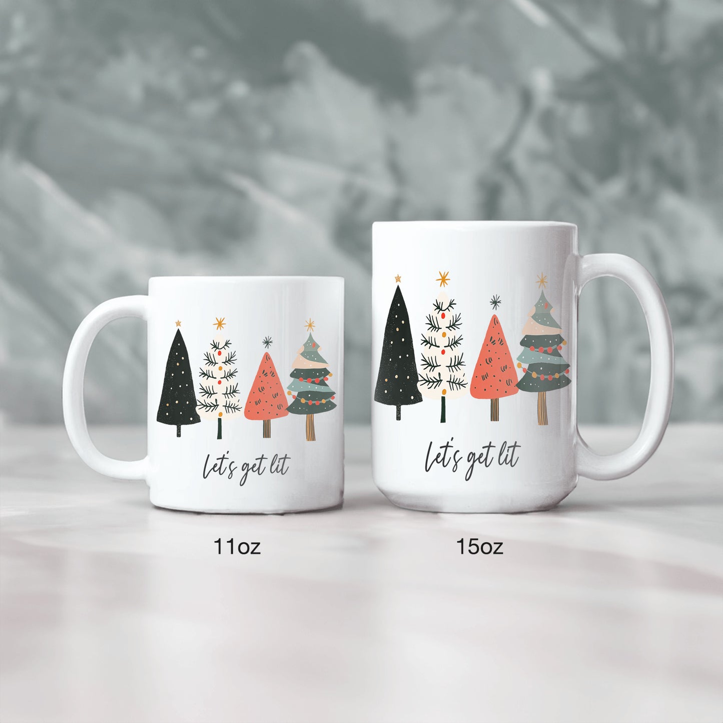"Let's Get Lit" Christmas Mug β Festive and Fun Christmas Mug, Simple Christmas tree design, no frills, "Let's get Lit" perfect gift for family friends co-workers neighbors, add to your christmas decor