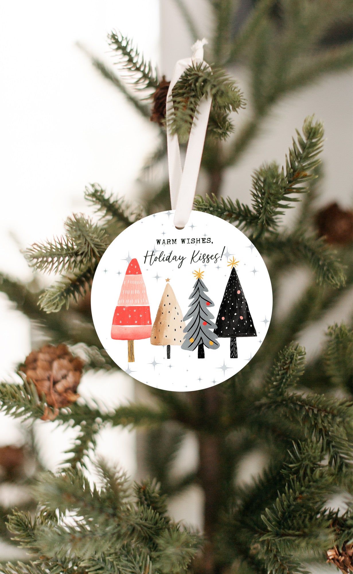 Warm Wishes & Holiday Kisses, Tree Christmas Ornament, Simplistic Trees and foliage, beautiful addition to an ornament collection, Gift for family, neighbor, Co-worker
