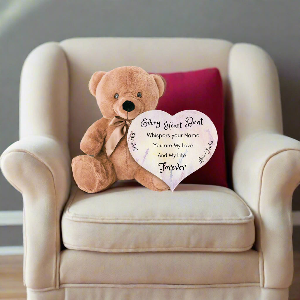Soft Personalized Teddy Bear Plush and huggable and a 6" heart sign with a special message, perfect romantic gift, Anniversary, Birthday, Valentine