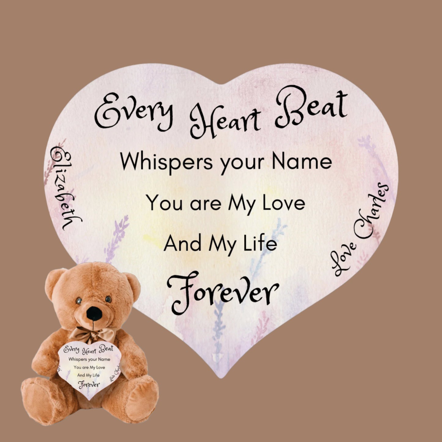 Soft Personalized Teddy Bear Plush and huggable and a 6" heart sign with a special message, perfect romantic gift, Anniversary, Birthday, Valentine