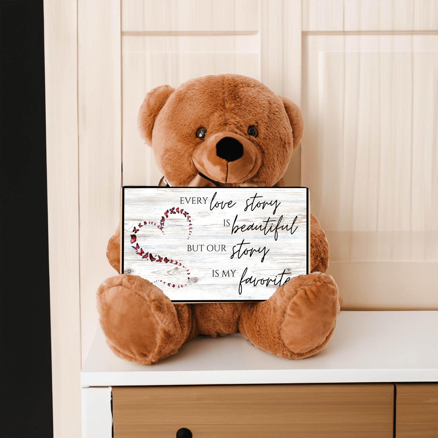 Soft Teddy Bear holding a special Love Story sign message for Valentine, Anniversary, Birthday, a gift of love for her or him