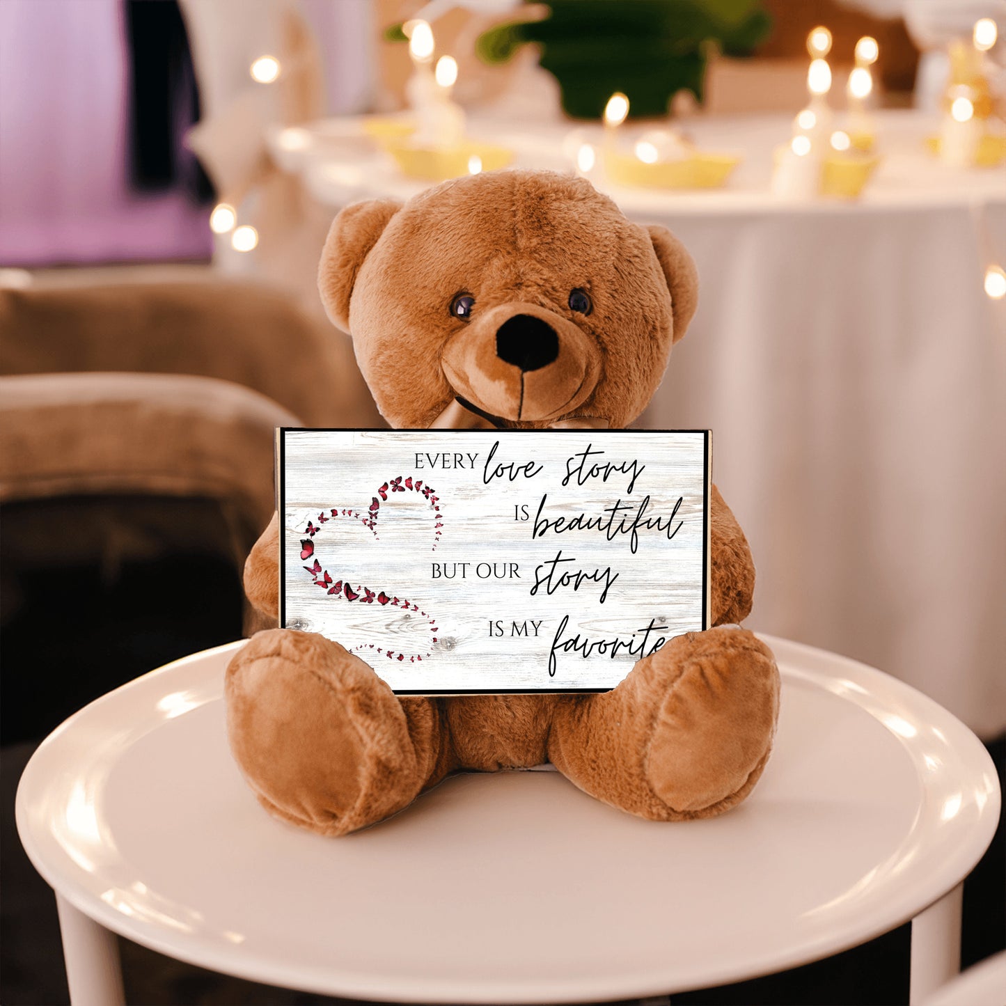 Soft Teddy Bear holding a special Love Story sign message for Valentine, Anniversary, Birthday, a gift of love for her or him
