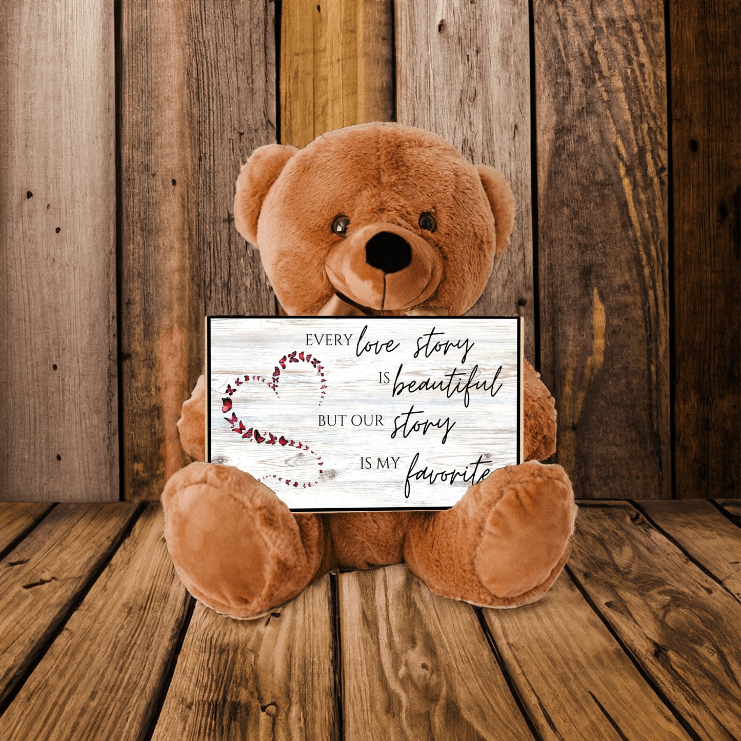 Soft Teddy Bear holding a special Love Story sign message for Valentine, Anniversary, Birthday, a gift of love for her or him