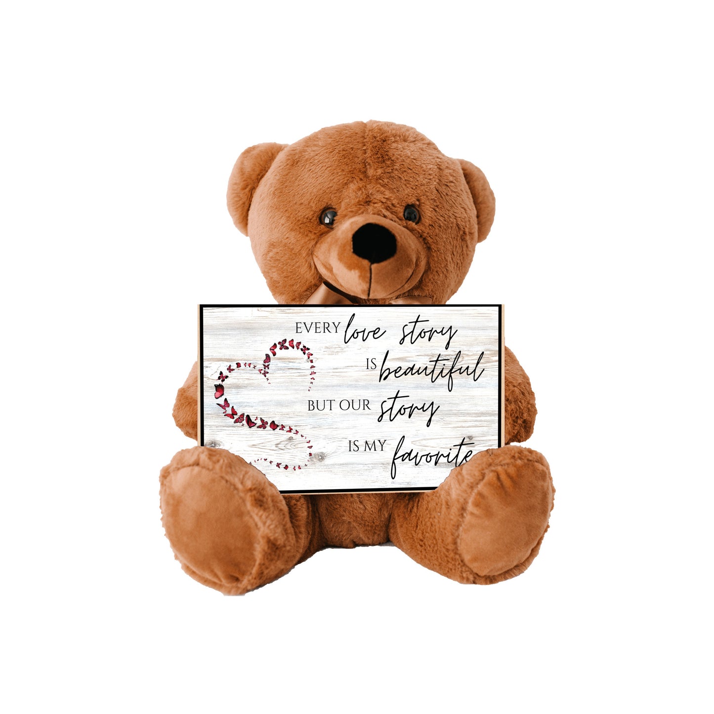 Soft Teddy Bear holding a special Love Story sign message for Valentine, Anniversary, Birthday, a gift of love for her or him