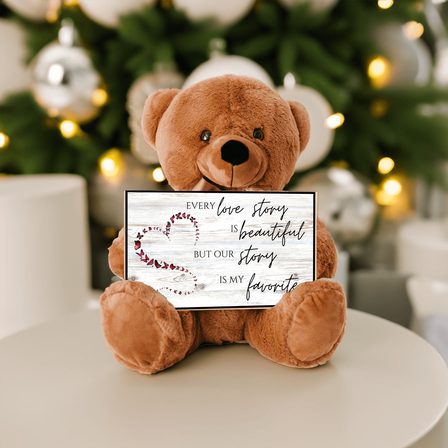 Soft Teddy Bear holding a special Love Story sign message for Valentine, Anniversary, Birthday, a gift of love for her or him