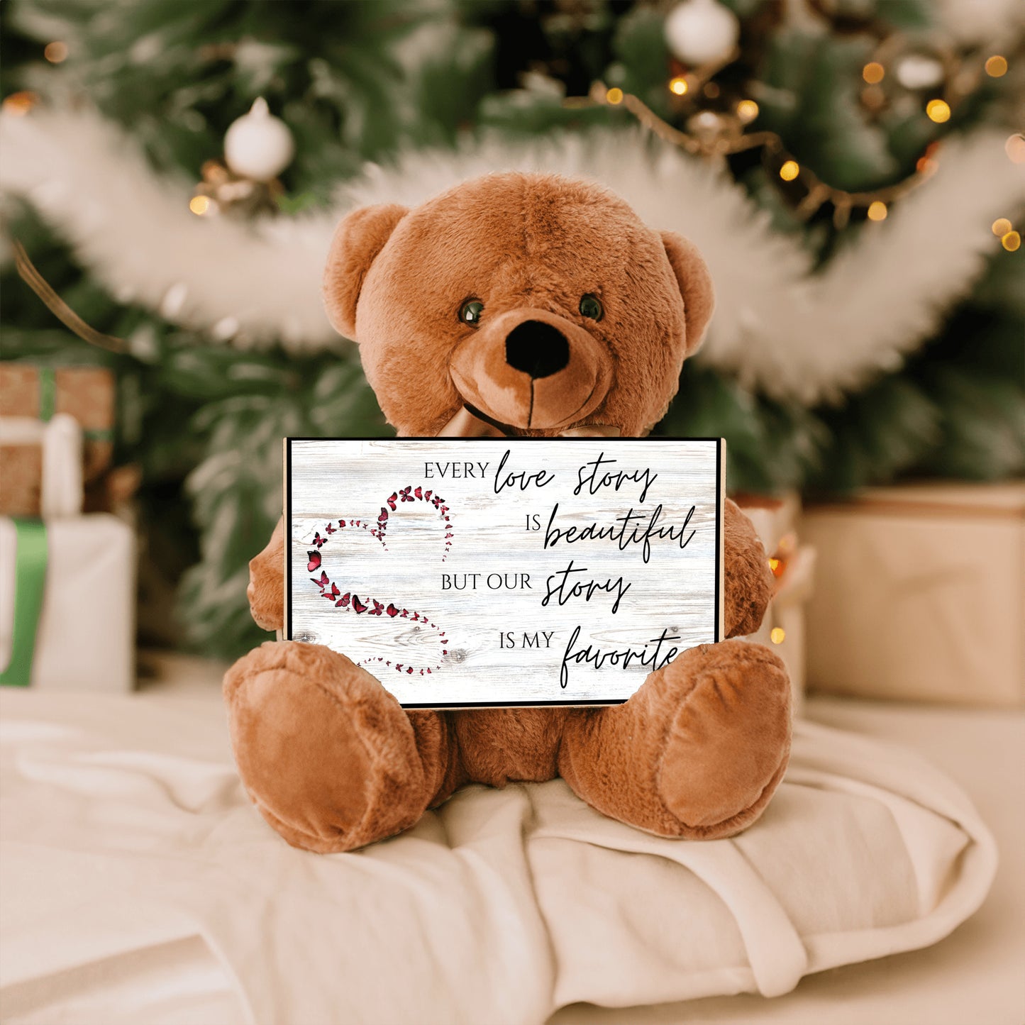Soft Teddy Bear holding a special Love Story sign message for Valentine, Anniversary, Birthday, a gift of love for her or him