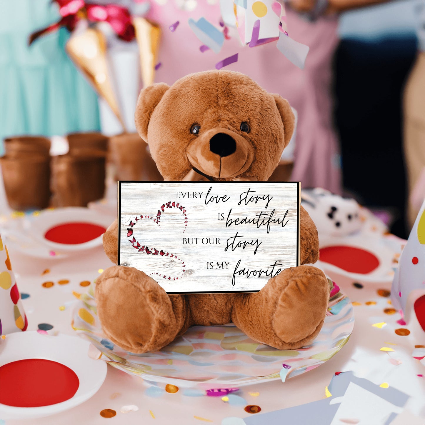 Soft Teddy Bear holding a special Love Story sign message for Valentine, Anniversary, Birthday, a gift of love for her or him