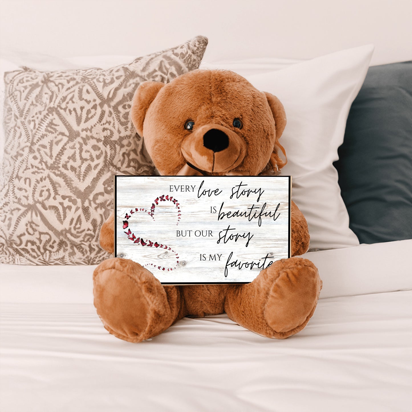Soft Teddy Bear holding a special Love Story sign message for Valentine, Anniversary, Birthday, a gift of love for her or him