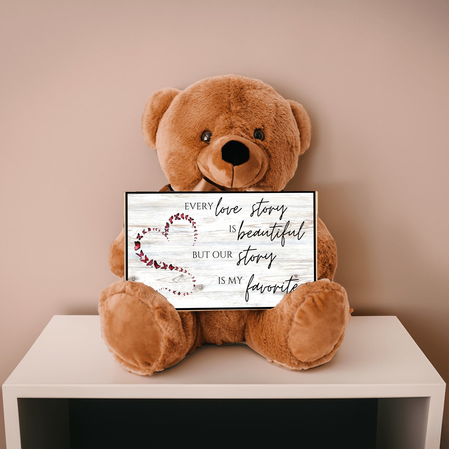 Soft Teddy Bear holding a special Love Story sign message for Valentine, Anniversary, Birthday, a gift of love for her or him
