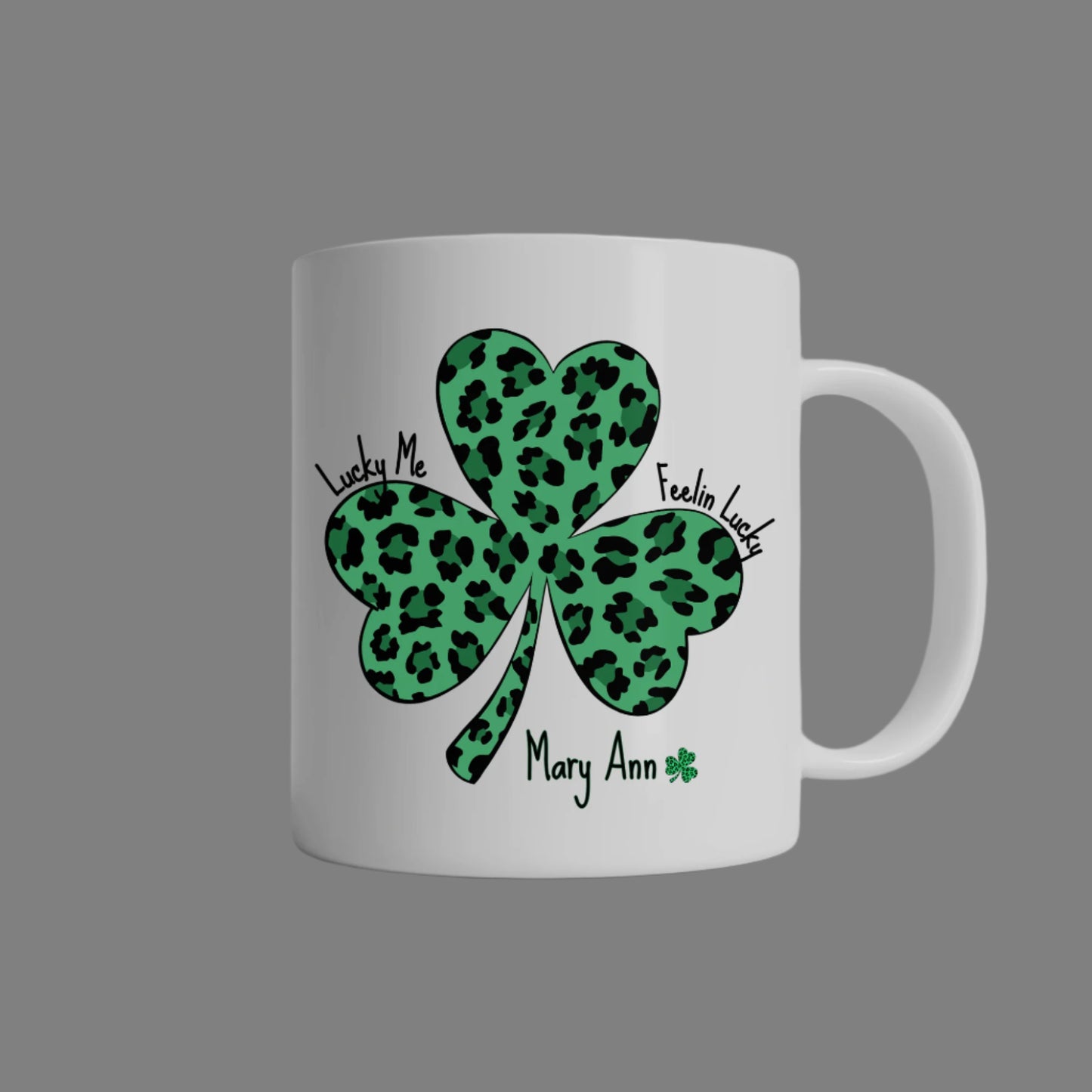 Personalized "Lucky Me & Feelin’ Lucky Shamrock Mug – Personalized Leopard Print St. Patrick’s Day Gift for a special lucky person