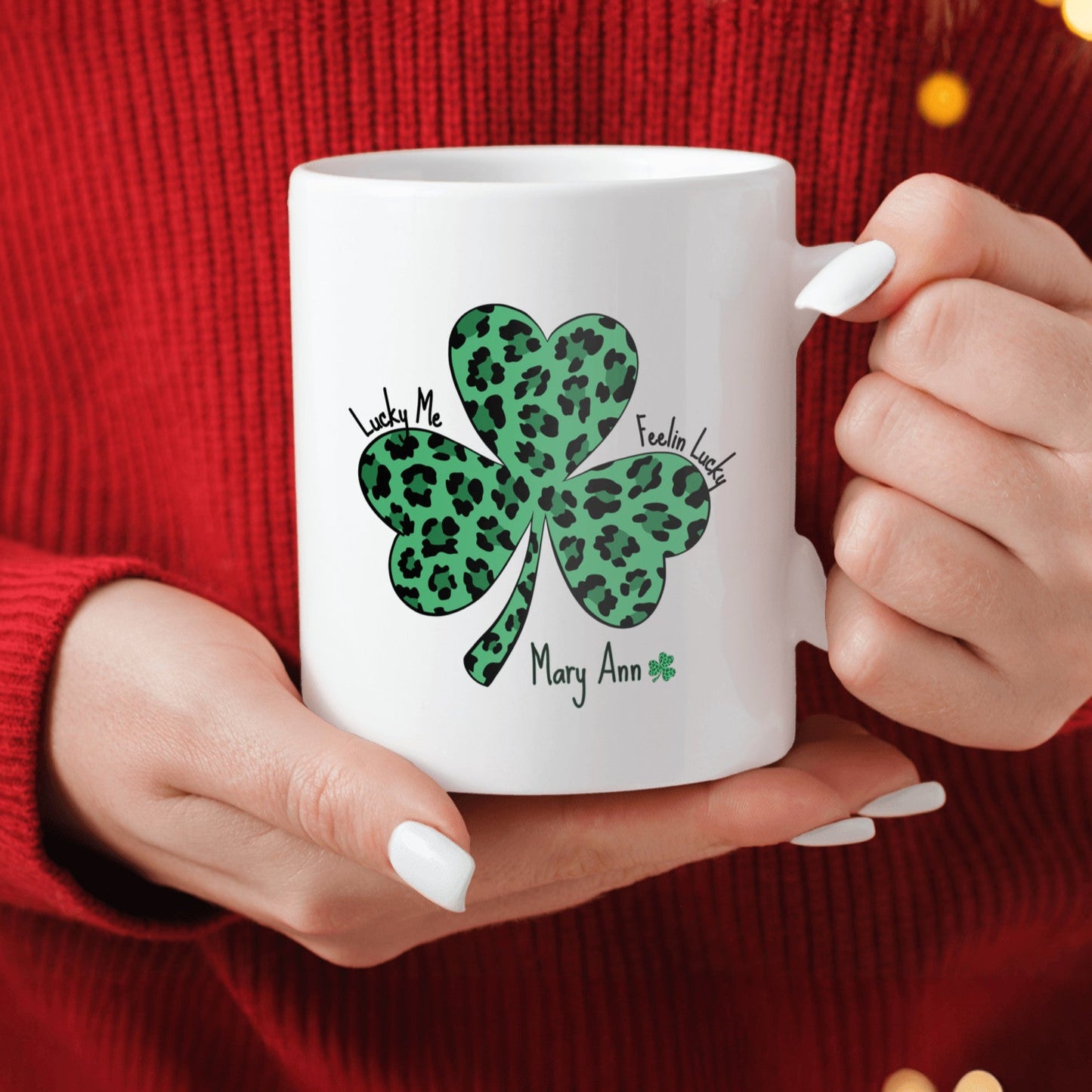 Personalized "Lucky Me & Feelin’ Lucky Shamrock Mug – Personalized Leopard Print St. Patrick’s Day Gift for a special lucky person