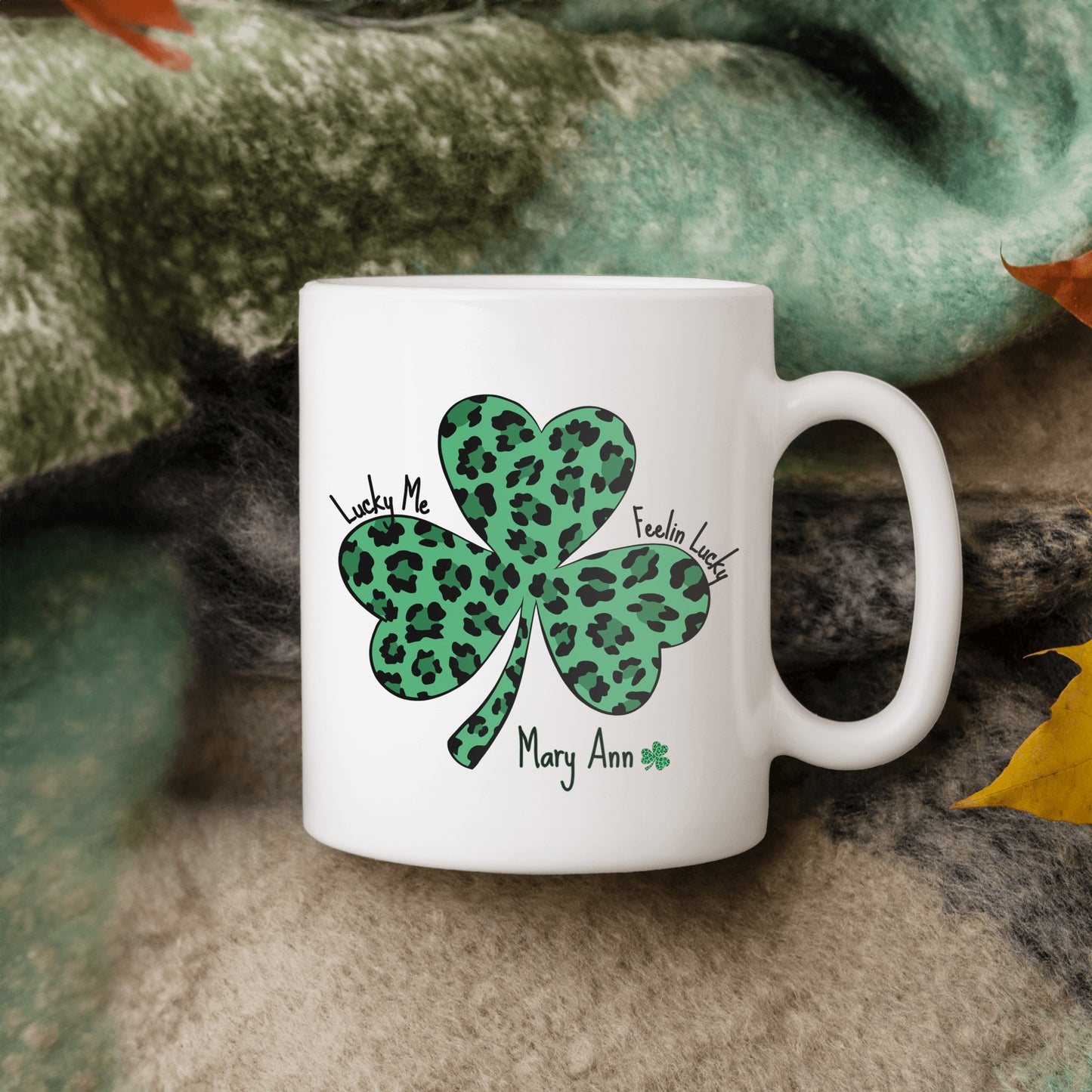 Personalized "Lucky Me & Feelin’ Lucky Shamrock Mug – Personalized Leopard Print St. Patrick’s Day Gift for a special lucky person